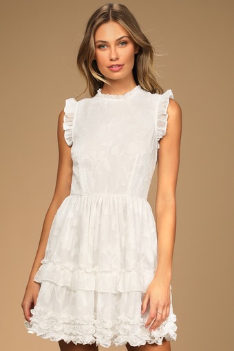True as Can Be White Burnout Floral Ruffled Mini Dress