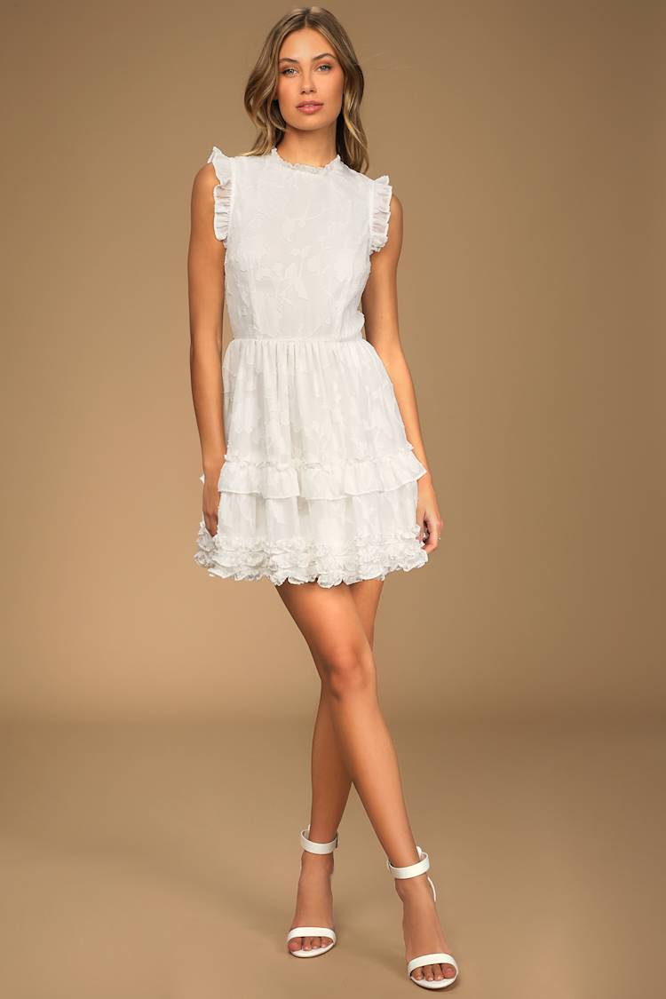 True as Can Be White Burnout Floral Ruffled Mini Dress