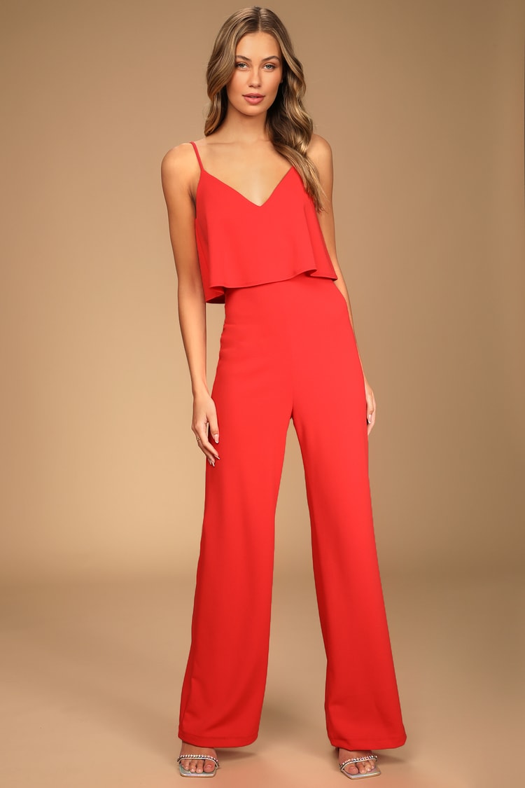 Make It a Date Coral Red Sleeveless Wide-Leg Jumpsuit