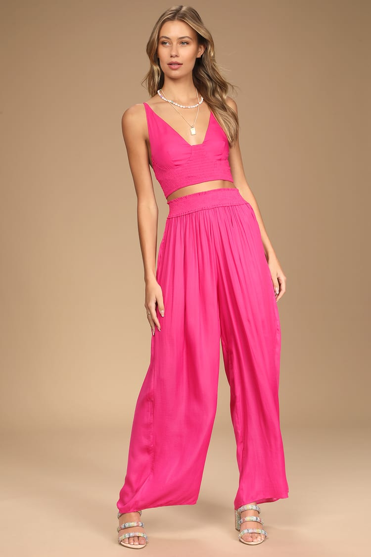 Hot Pink Pants - Wide-Leg Pants - Lightweight Satin Pants - Lulus