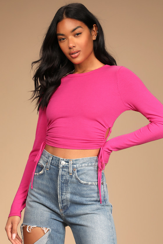 Magenta Ribbed Top - Ruched Long Sleeve Top - Cutout Top - Lulus