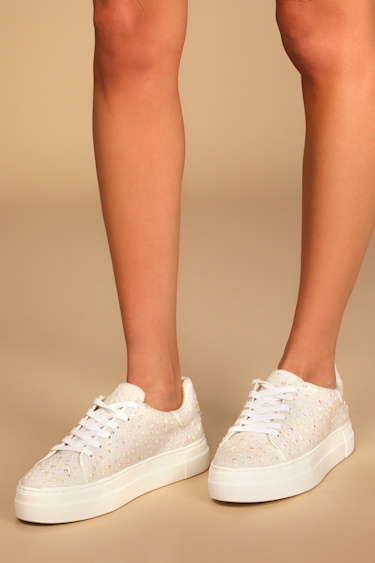 SB-Sidny White Pearl Rhinestone Platform Sneakers