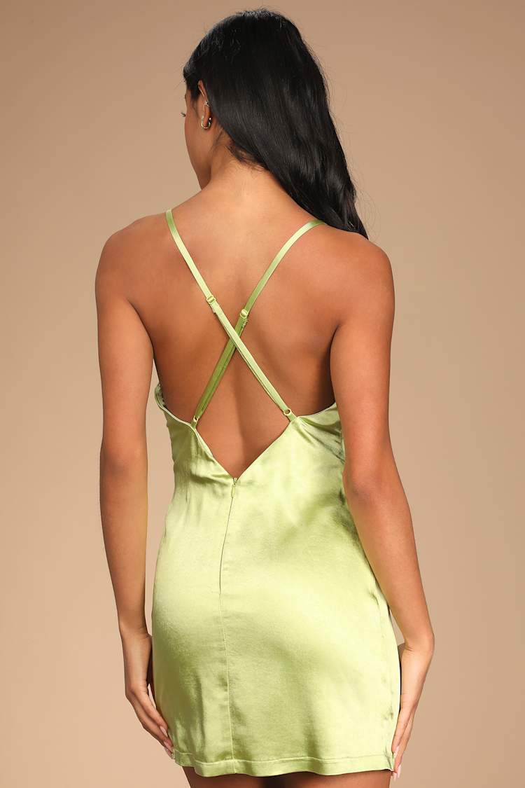 sweetener backless ruched satin mini dress in green Green Satin Mini Slip Dress