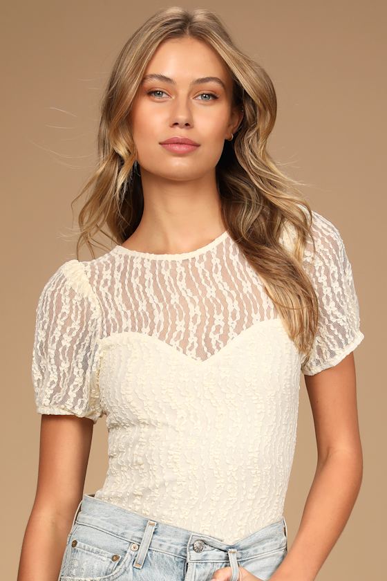 Positively Sweet Cream Lace Puff Sleeve Bodysuit 6