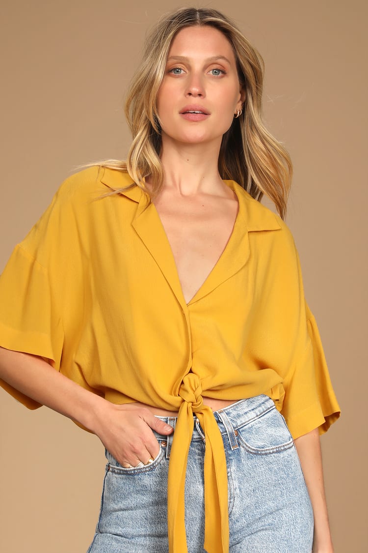 Mustard Yellow Button-Up Top - Tie-Hem Top - White Tie-Front Top - Lulus