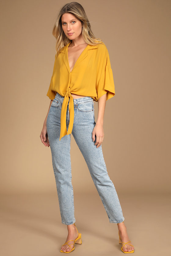 Always Real Mustard Yellow Short Sleeve Tie-Front Top 4