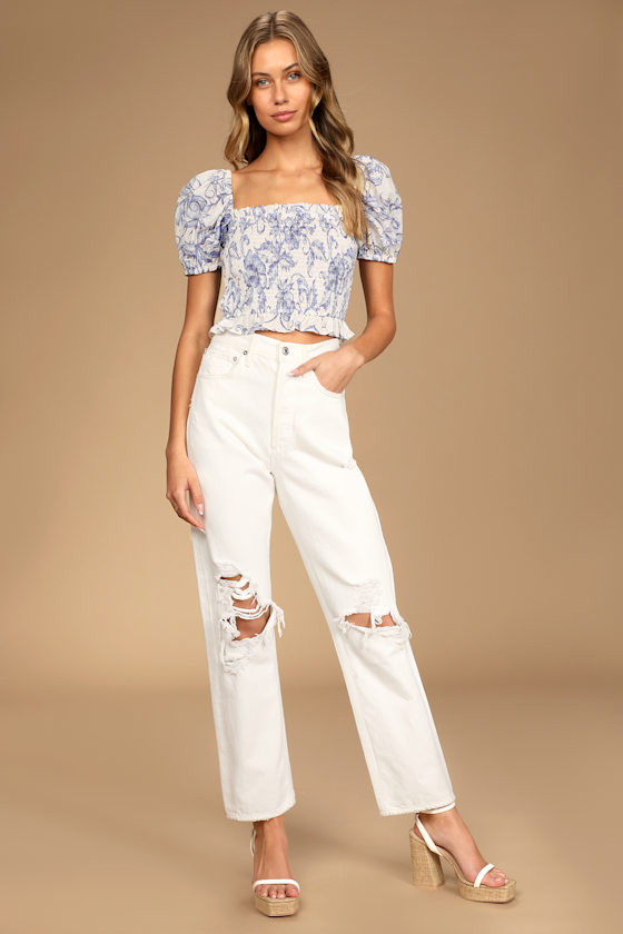 Fresh Favorite White Floral Print Puff Sleeve Crop Top 5