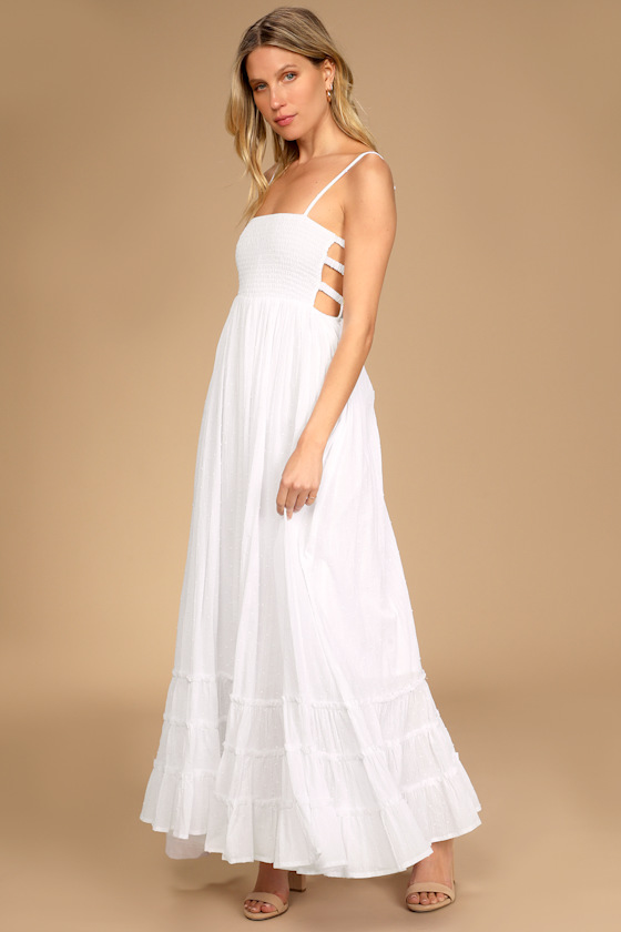 Serene Sunshine White Swiss Dot Smocked Cutout Tiered Maxi Dress 6