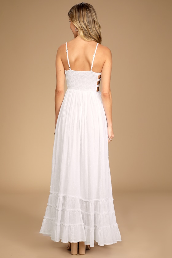 Serene Sunshine White Swiss Dot Smocked Cutout Tiered Maxi Dress 2
