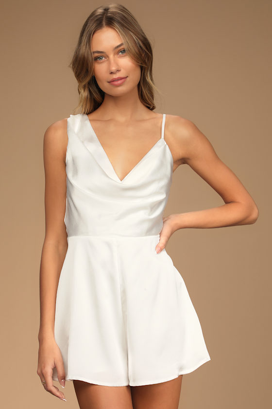 Likely Lover Ivory Satin Asymmetrical Cowl Neck Romper 4