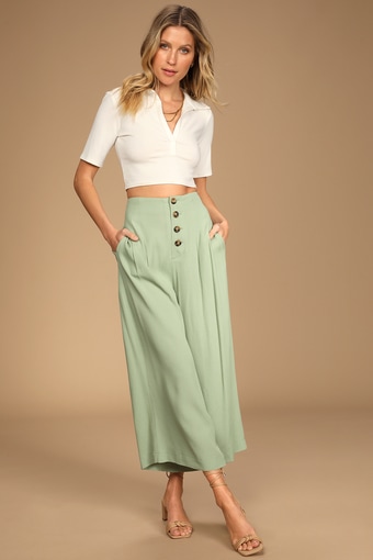 Stroll On Over Sage Green Button-Front Wide Leg Pants