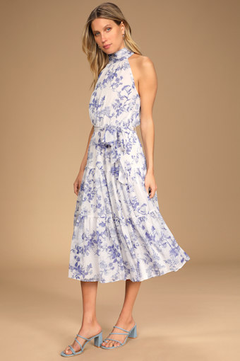 Float to You White Floral Print Halter-Neck Tiered Midi Dress 1