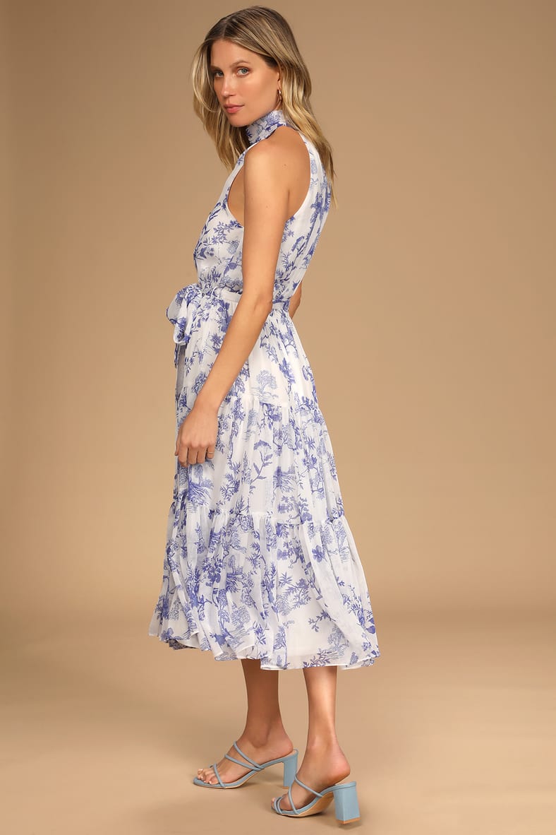 Float to You White Floral Print Halter Tiered Midi Dress