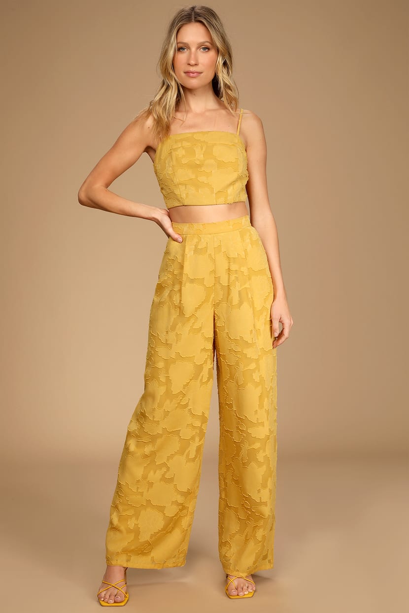 Looking So Lovely Mustard Yellow Floral Burnout Wide-Leg Pants