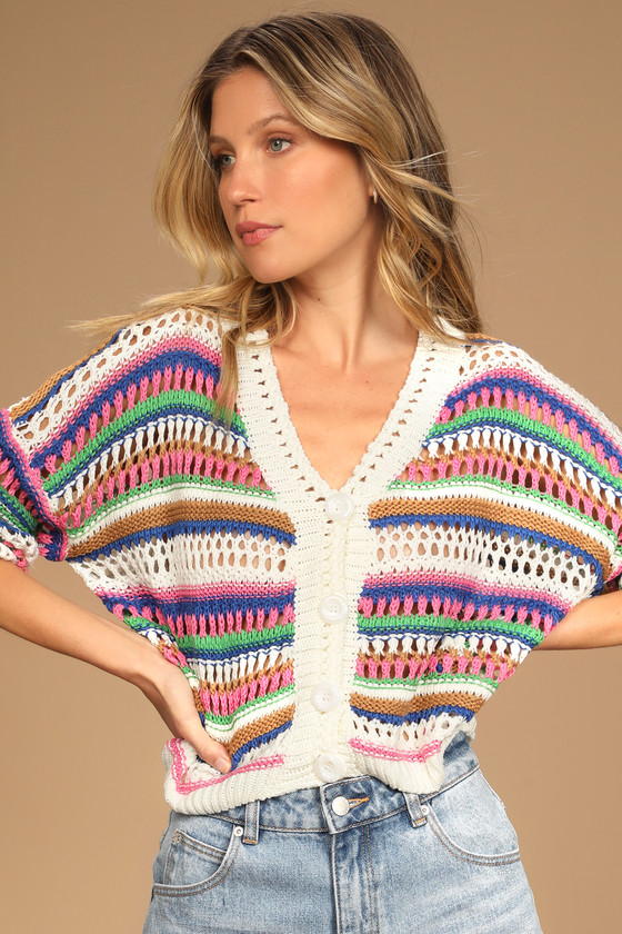 Ivory Striped Sweater - Button-Up Cardigan Sweater - Knit Cardi - Lulus