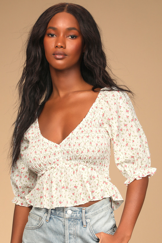 White Floral Print Top - Smocked Ruffled Top - Puff Sleeve Top - Lulus