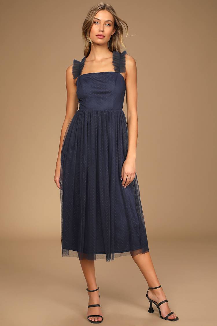 Navy Blue Midi Dress - Swiss Dot Dress - Ruffled Midi Dress - Lulus
