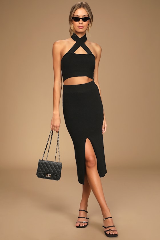 Lively and Lovely Black Halter Two-Piece Midi Dress 2