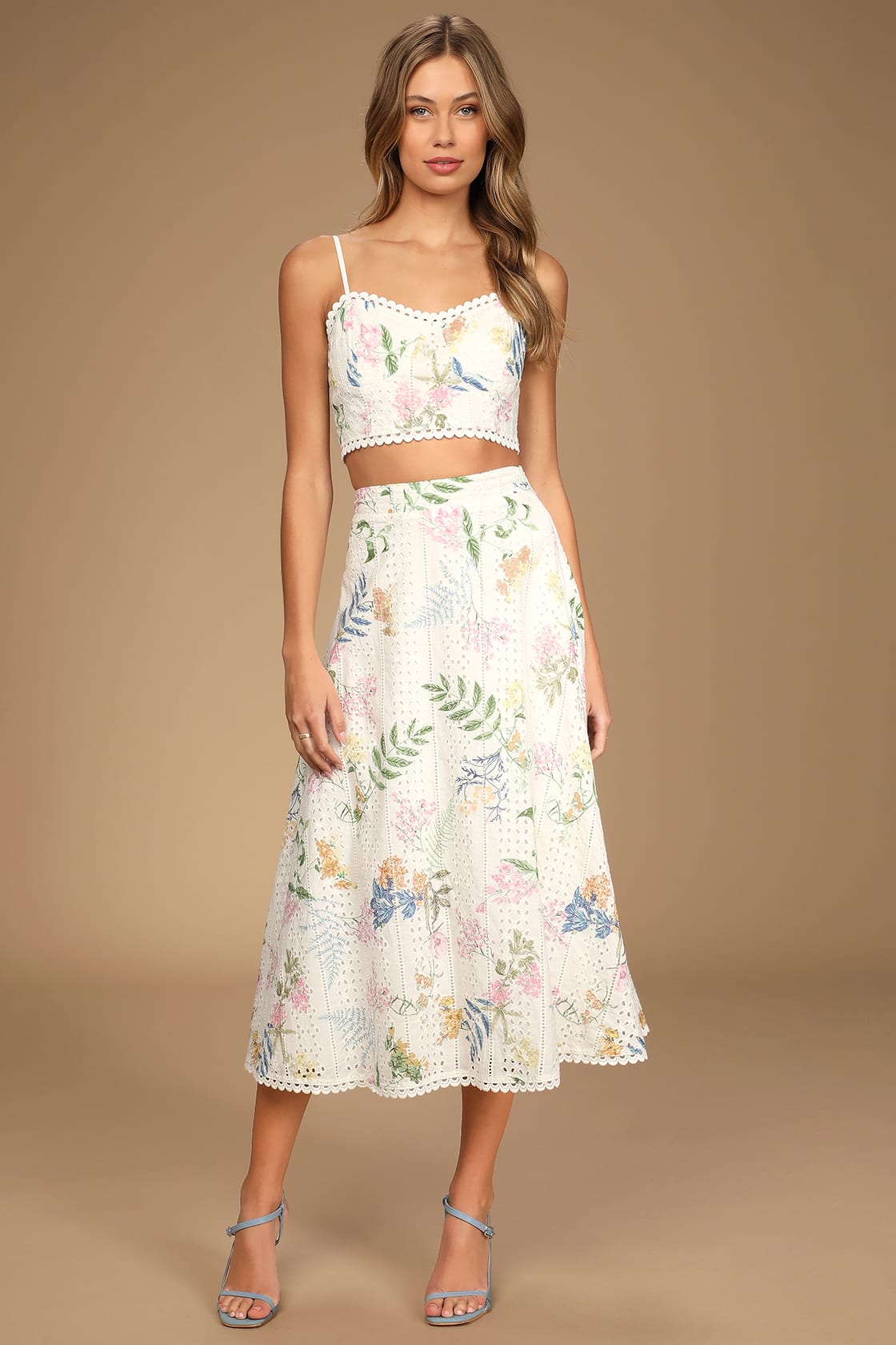 Sweet At Heart White Floral Embroidered Two-Piece Midi Dress