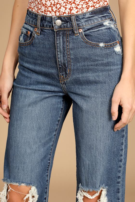 Pleaser Dark Wash Distressed Wide-Leg High-Rise Jeans 6