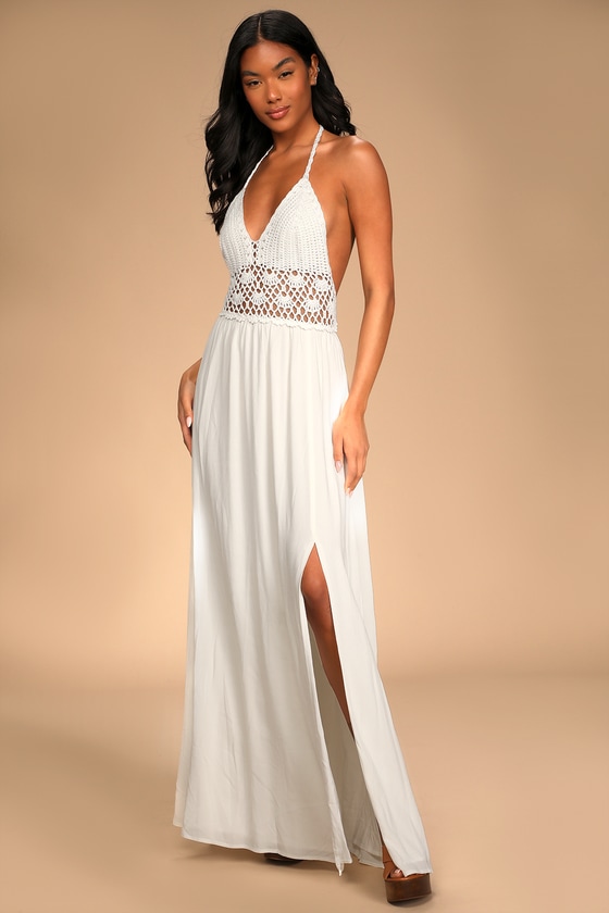 White Maxi Dress - Crochet Bodice Dress - Halter Top Dress - Lulus
