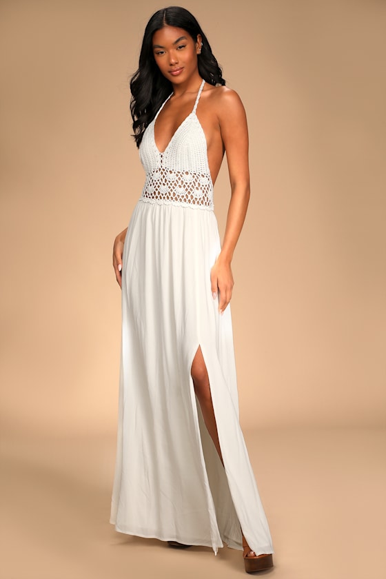 Dreams of the Desert White Crochet Halter Maxi Dress 5
