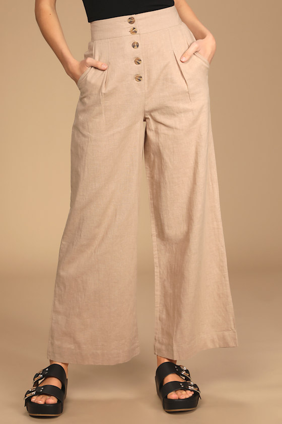 A New Spin Beige Wide-Leg Linen Button-Front Trouser Pants 4