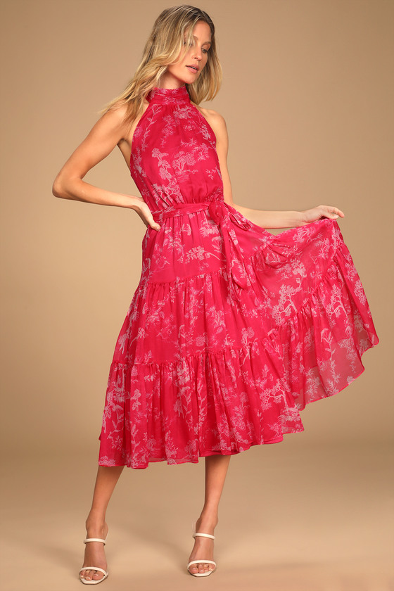 Hot Pink Midi Dress - Tiered Midi Dress - Halter Neck Midi Dress