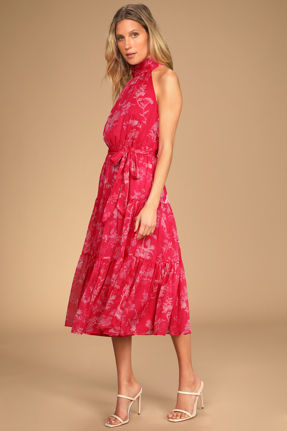 pink halterneck midi dress