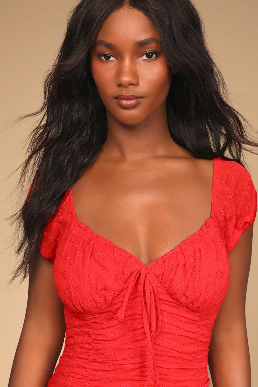 Red Eyelet Dress - Ruched Bodycon Mini Dress - Puff Sleeve Dress - Lulus