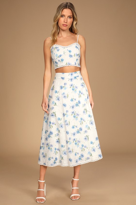 Sweet At Heart White Floral Embroidered Two-Piece Midi Dress