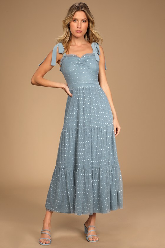 Just Your Darling Slate Blue Tie-Strap Swiss Dot Midi Dress