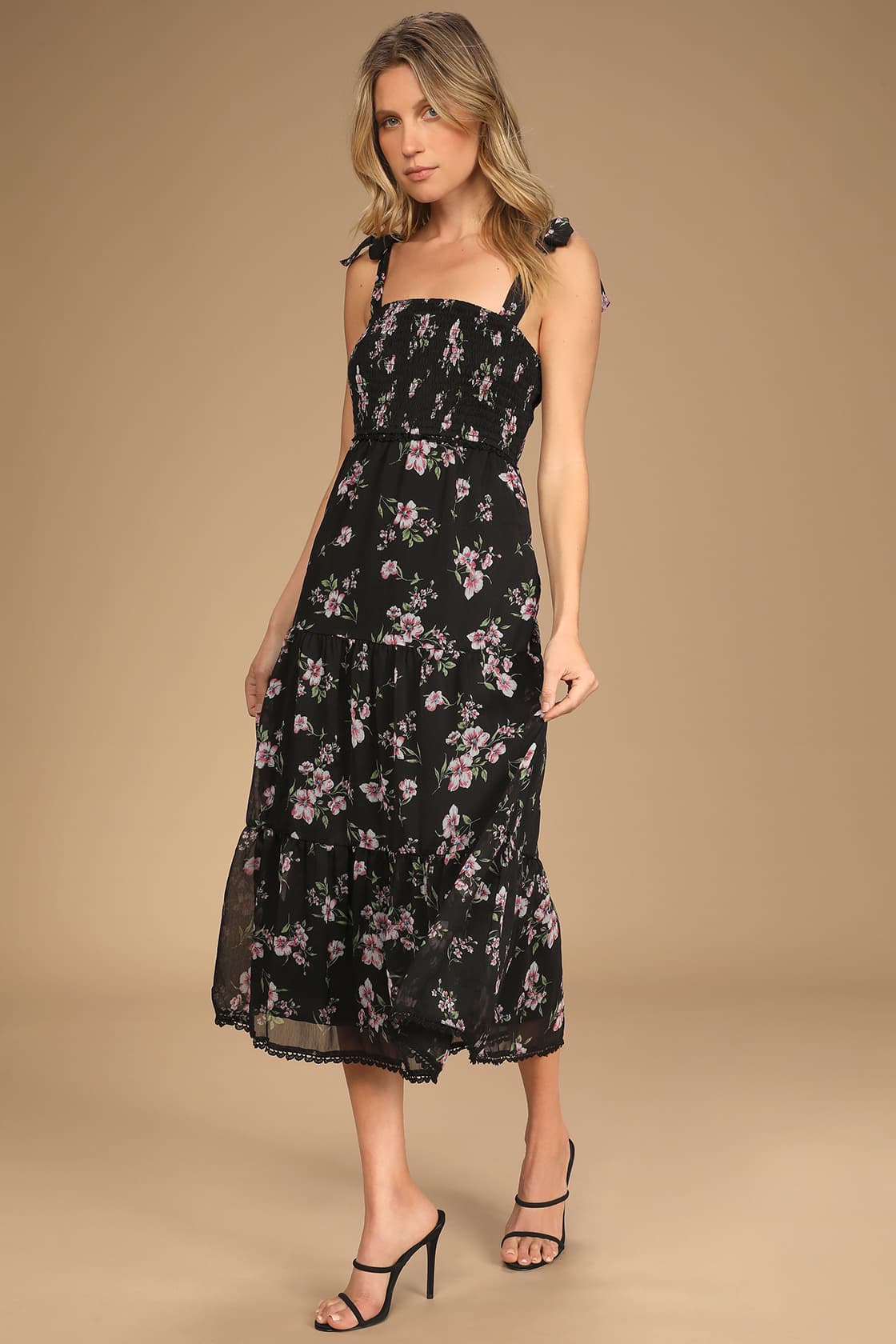 Trend4us Floral Tie-Strap Black Midi Dress