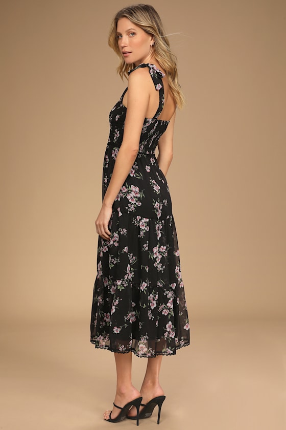 Black Waist Tie-up Midi Dress with Floral Print