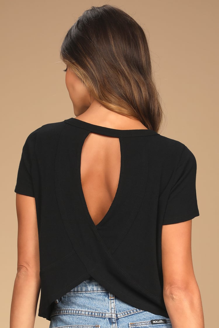 Boosted Basic Black Ribbed Cutout Short Sleeve Top