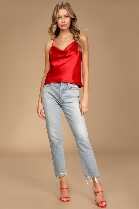 Sexy Valentine's Day Outfit with Jeans for Dinner with Red Heels and Red Tank