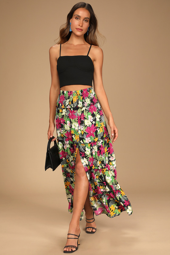 Black Floral Print Skirt - Tiered Skirt - Smocked Maxi Skirt - Lulus
