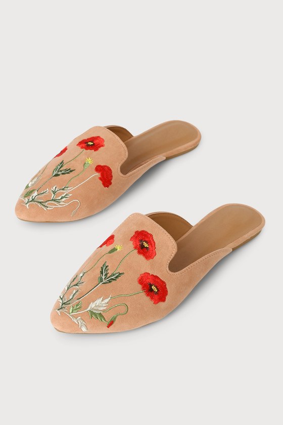 Blush Suede Mules - Embroidered Mules - Pointed-Toe Mules - Lulus