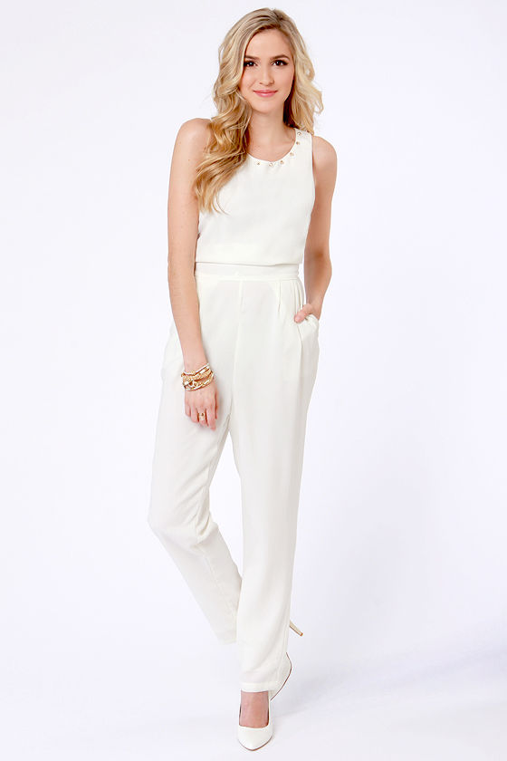 Variety is the Spikes Studded Ivory Jumpsuit