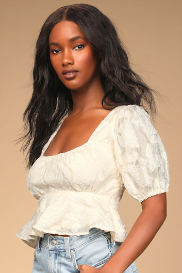 Chic Creation Cream Floral Jacquard Puff Sleeve Peplum Crop Top
