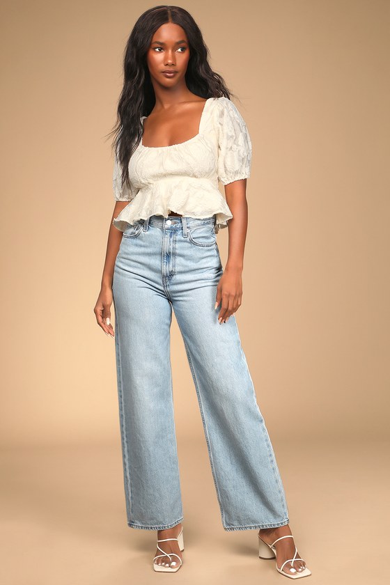 Cream Jacquard Top - Floral Crop Top - Puff Sleeve Peplum