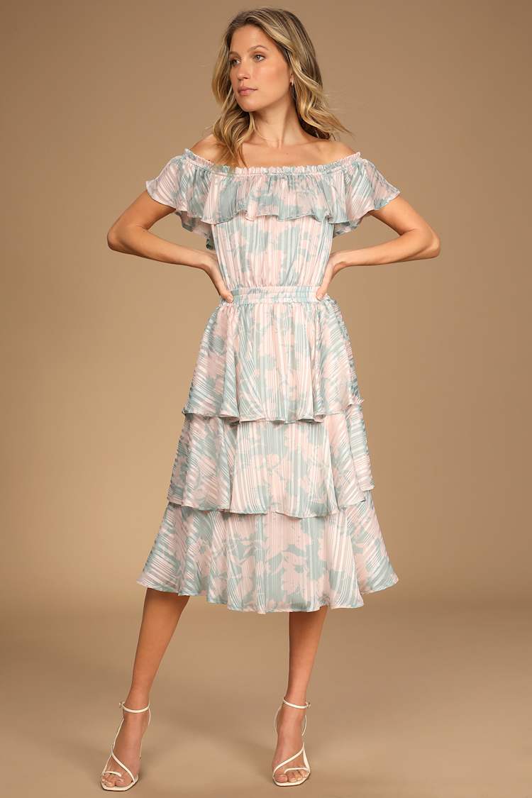 Garden Glam Teal Floral Print Off-the-Shoulder Tiered Midi Dress