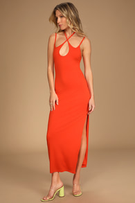 Hot Temps Red Orange Halter Midi Dress