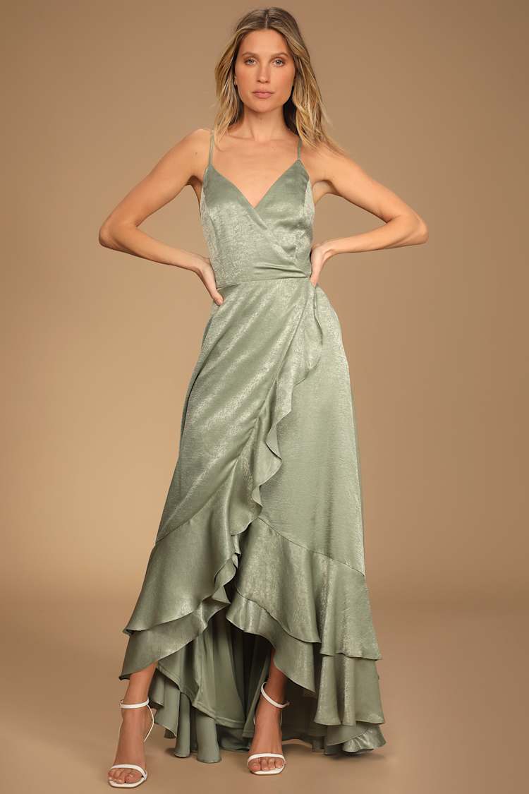 Green Satin Maxi - Ruffled Maxi - High-Low Maxi - Lace-Up Maxi - Lulus