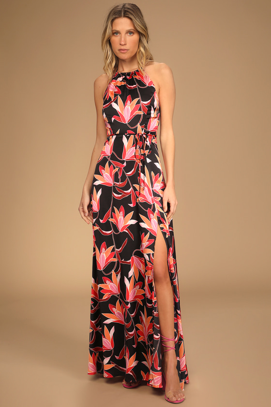 Black Tropical Print Dress - Halter Maxi Dress - Open Back Dress - Lulus