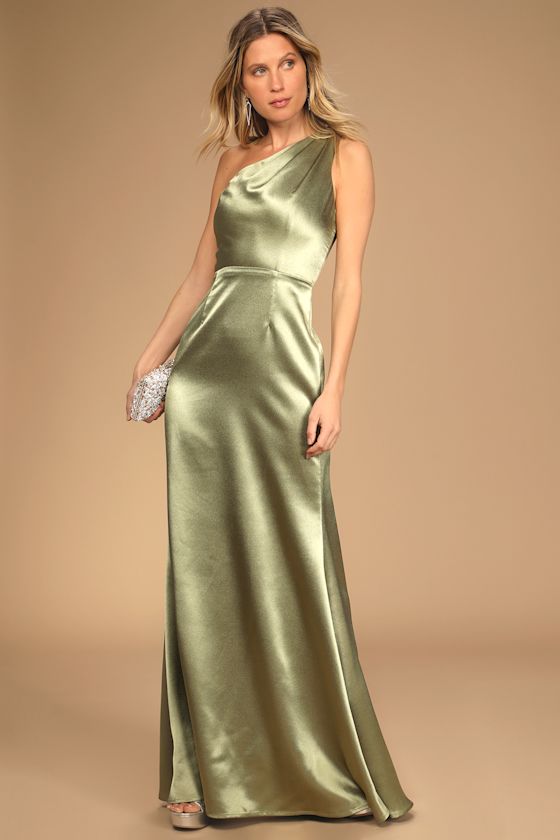 Sage Green Maxi Dress Satin Maxi Gown OneShoulder Dress Lulus