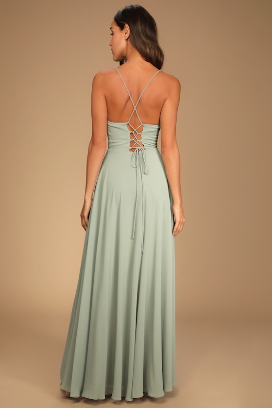 Romantically Speaking Sage Green Cowl Lace-Up Maxi Dress - thumbnail 4