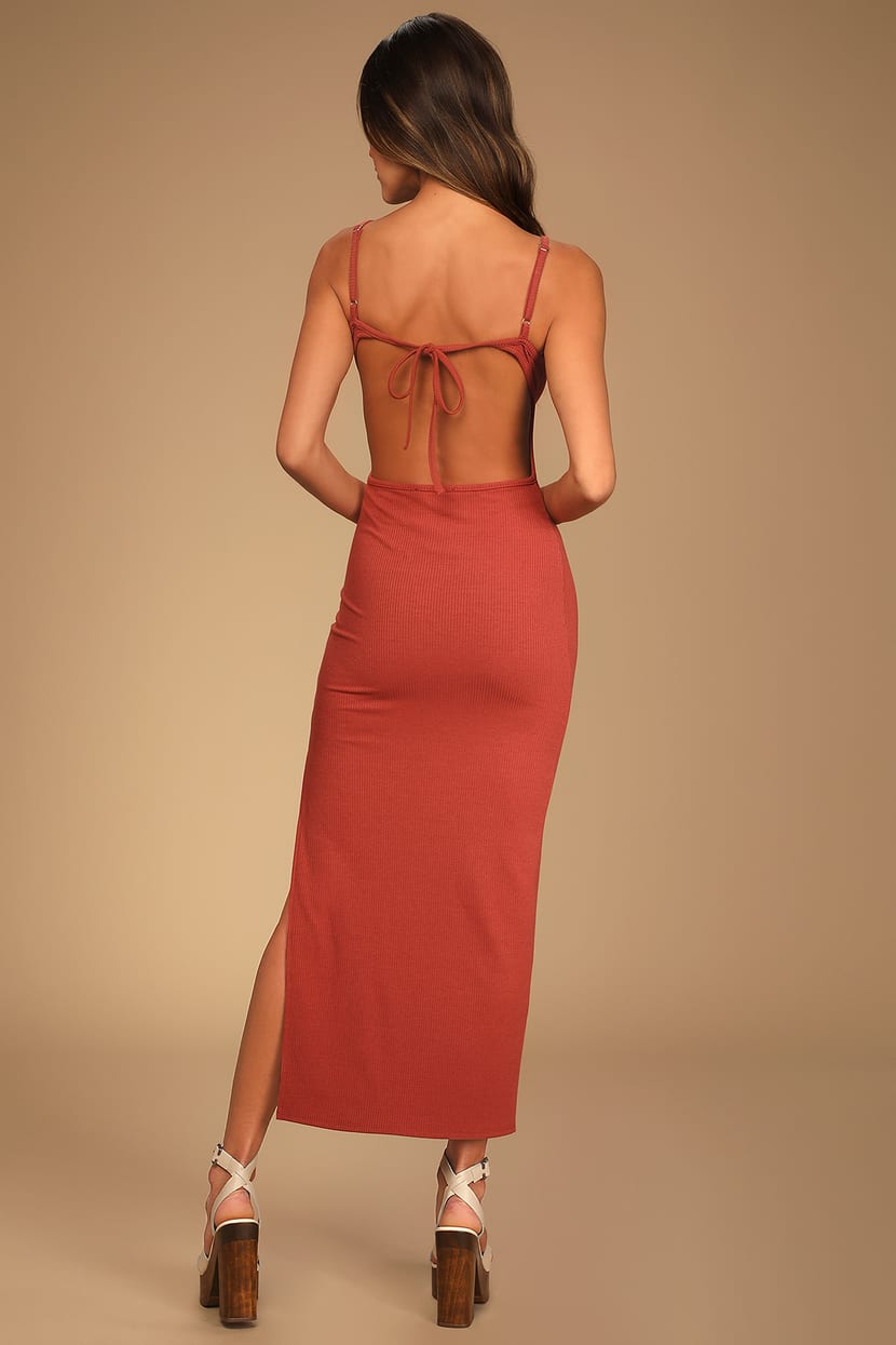 Something About Her Brick Red Ribbed Backless Midi Dress