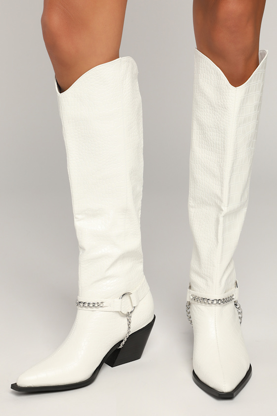 Uzara White Crocodile-Embossed Slip-On Knee-High Boots 1