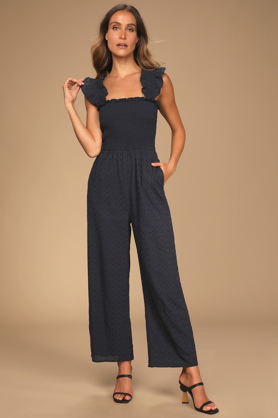 Lulus Easy Loving Navy Blue Eyelet Wide-leg Jumpsuit